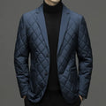 Men's black lapel collar down jacket with side pockets on a solid background