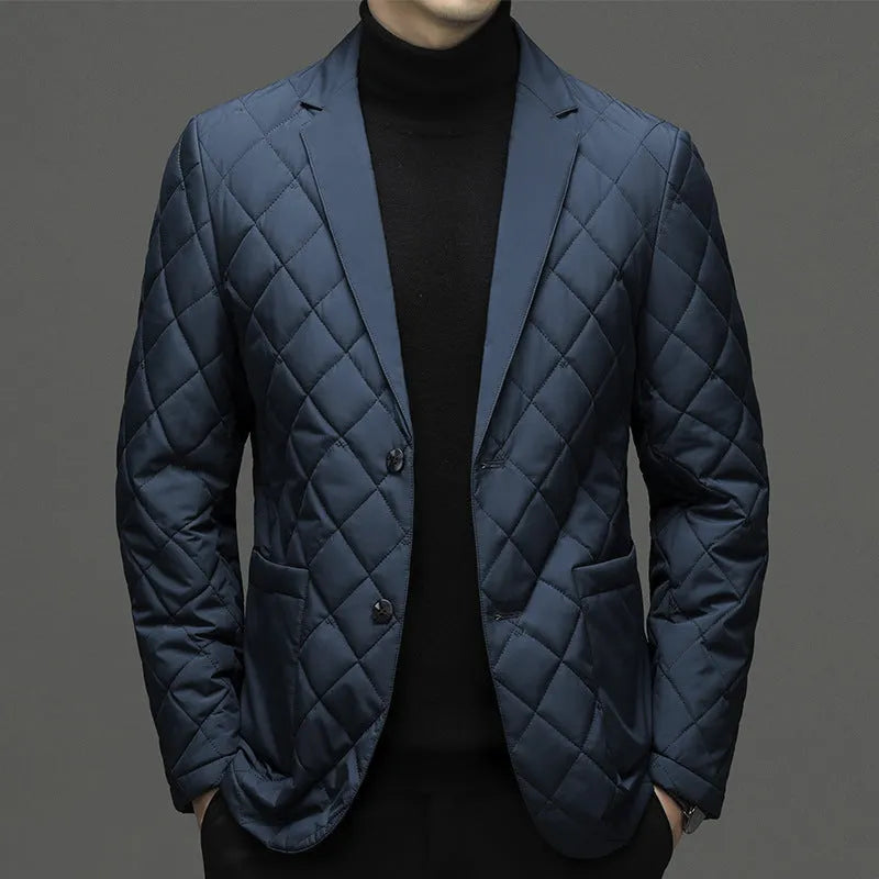 Men's black lapel collar down jacket with side pockets on a solid background