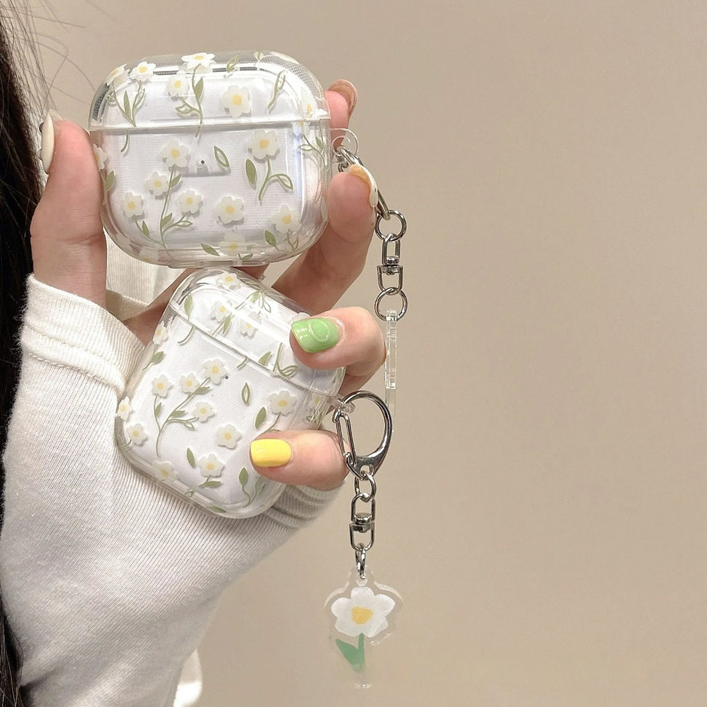 White floral decorative pattern on a high transparency TPU protective case for Apple AirPods.