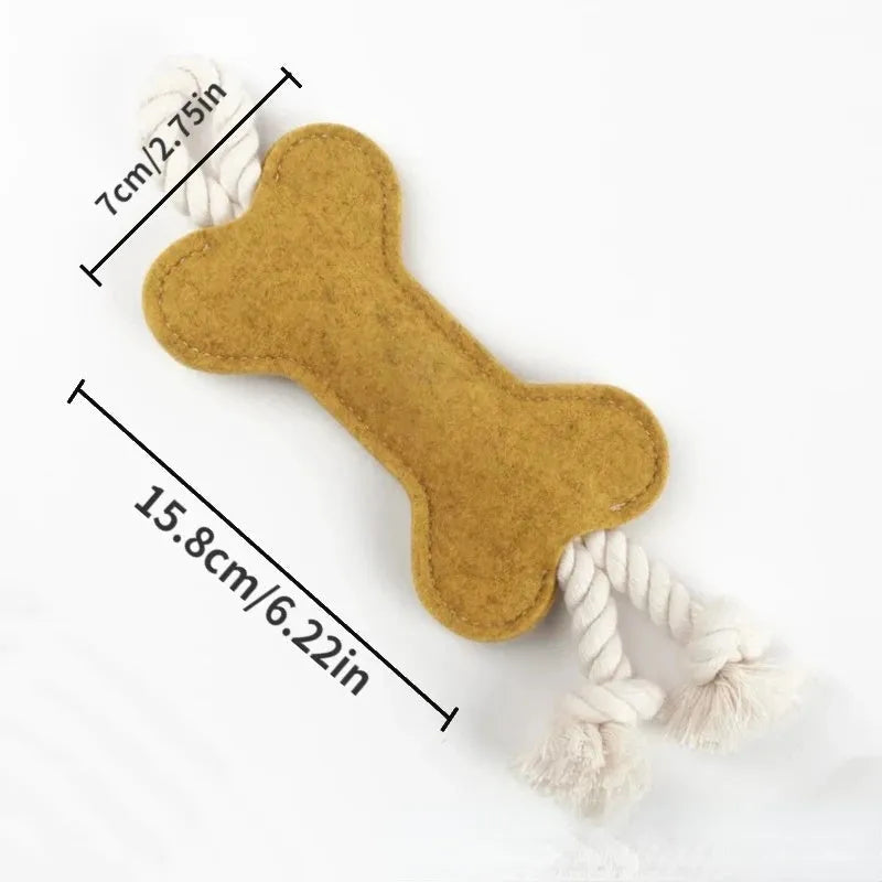 Bite-resistant felt bone dog toy with rope knots in blue colour