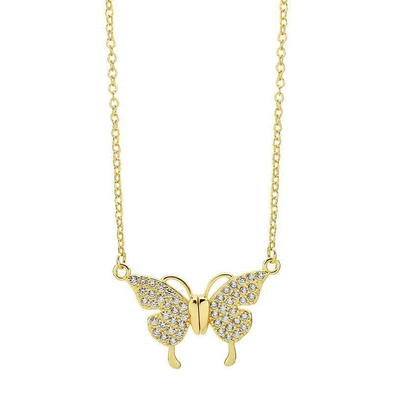 Gold titanium steel women's butterfly charm necklace on a twisted chain with magnetic clasp.