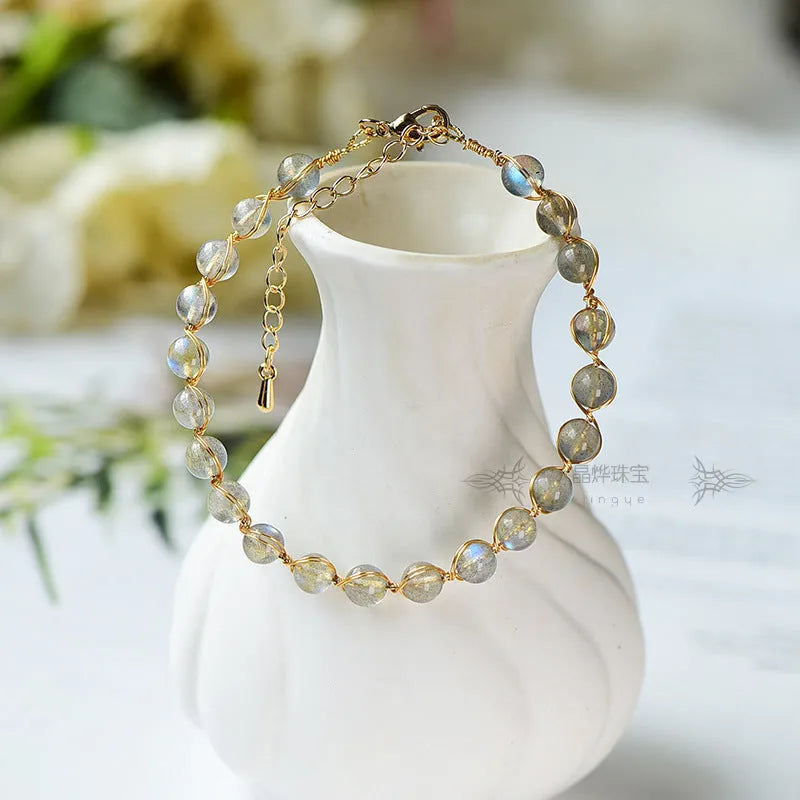 Women's blue moonstone crystal bracelet with 6mm stones on 14K gold-plated chain
