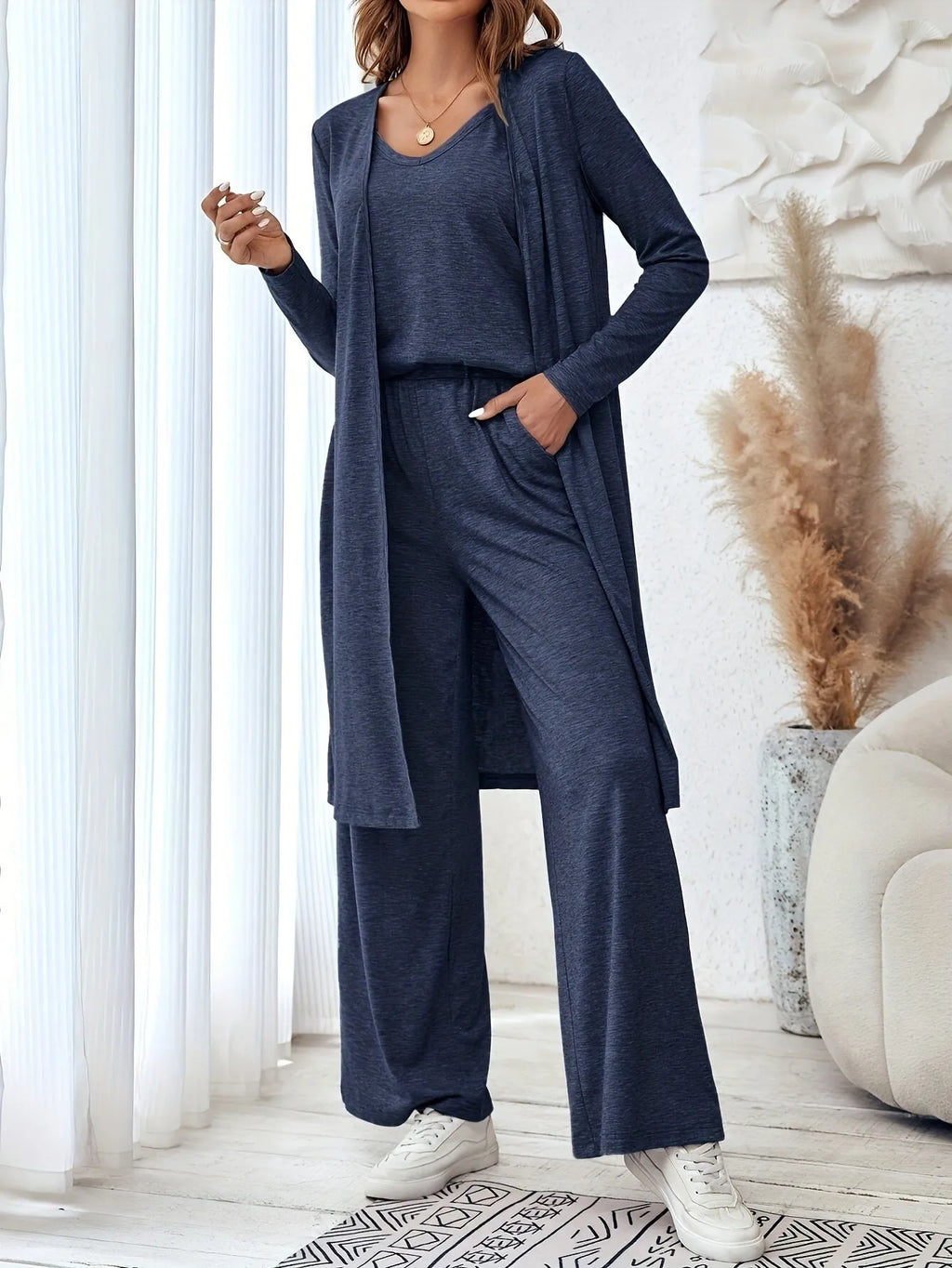 Women's blue polyester casual three-piece suit set with top, trousers, and suspenders