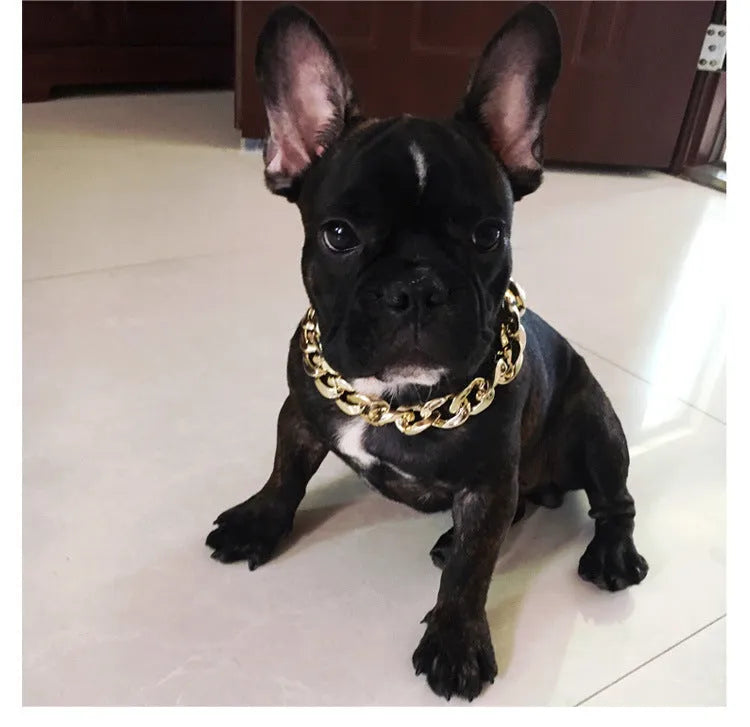 Geometric twisted chain dog collar ornament in metallic gold or white finish, shown with chain buckle.