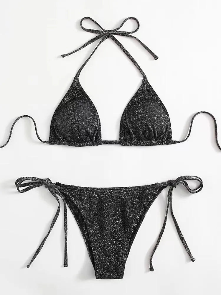 Women's khaki gold bandage-style bikini with a split design detail, shown as a two-piece set.