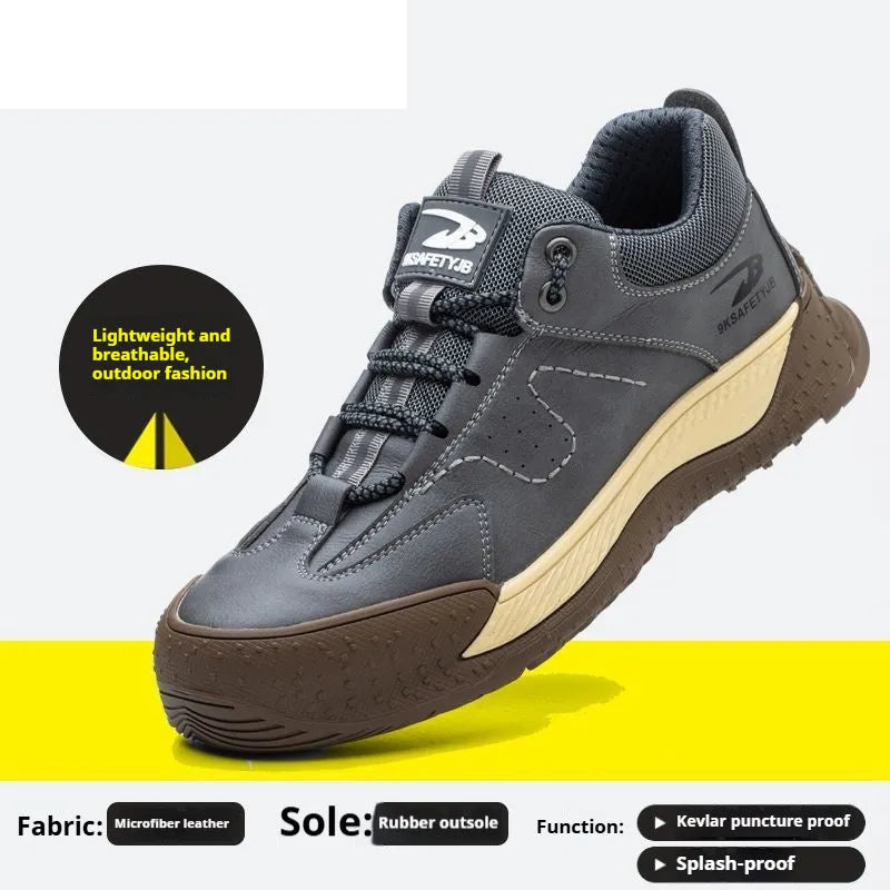 Men's leather work safety shoe with a black rubber sole, shown in a neutral colour.