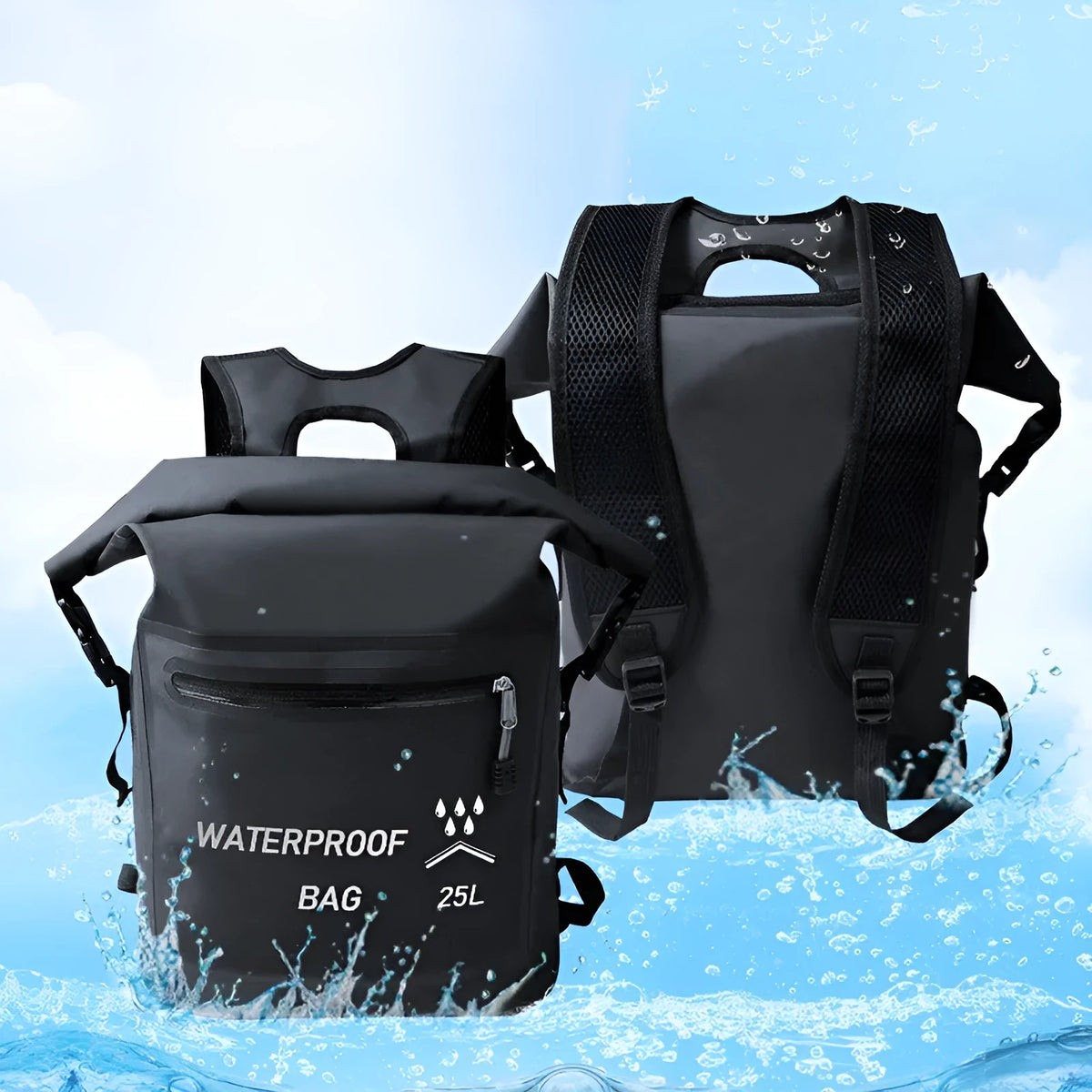Black 25L waterproof dry bag backpack for swimming river tracing and rafting