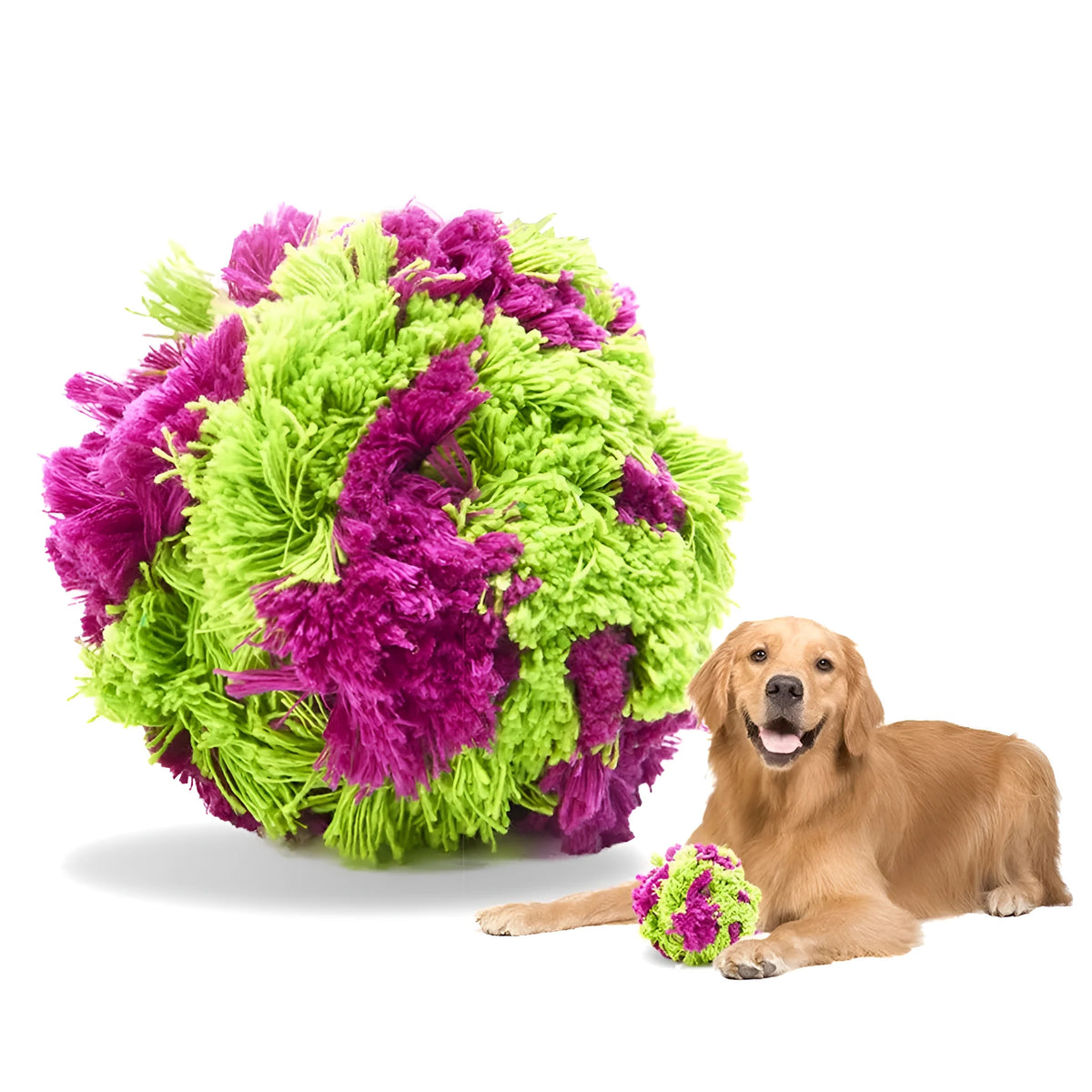 Purple plush dog ball with knotted seaweed texture measuring approximately 15cm diameter
