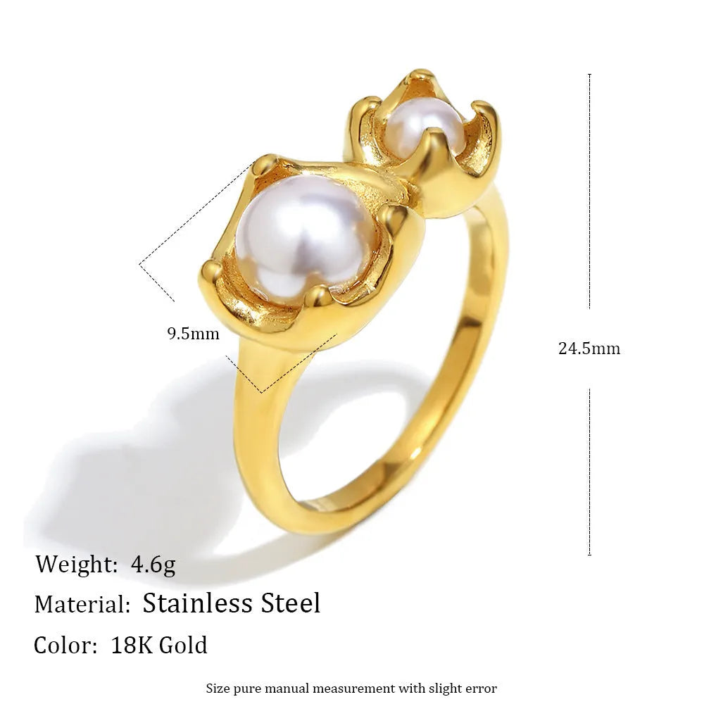 Gold stainless steel ring for women with bud imitation pearl and flower geometric design, sizes No 6 to No 8