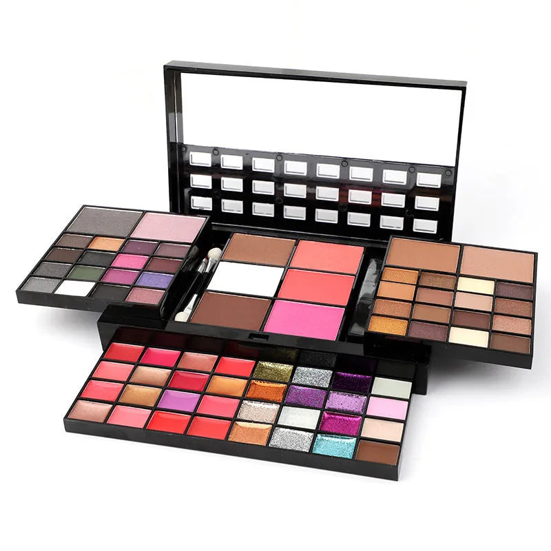 74 colour makeup palette set with four powder plates, a mirror, and included eyeshadow stick, contour brush, and lip brush