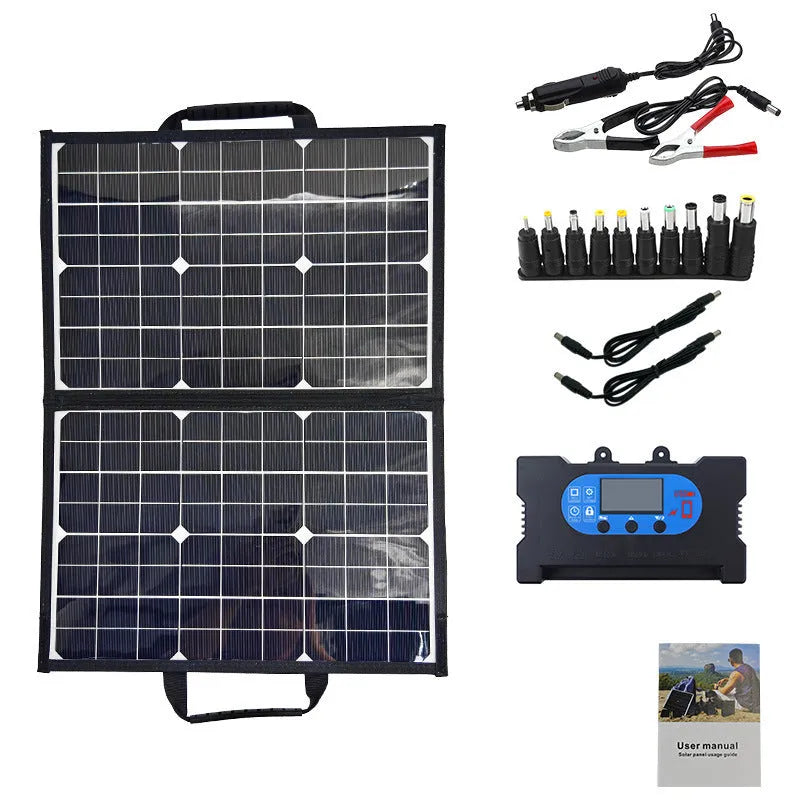 Black 40W folding solar panel in portable bag showing compact 425x285mm folded size