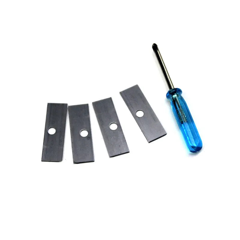 A geometric plastic pencil sharpener with four holes, shown with its integrated screwdriver tool.
