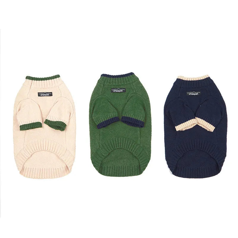 Wool blend pet sweater with two-leg design in Crown Blue colour on dog