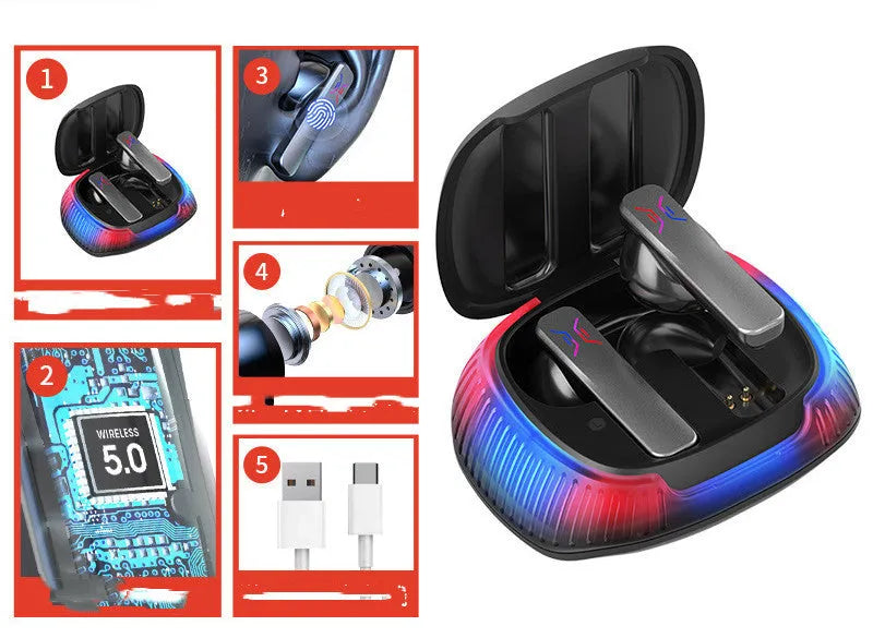 Hall Flashing black and white wireless in-ear gaming headsets with charging cable.