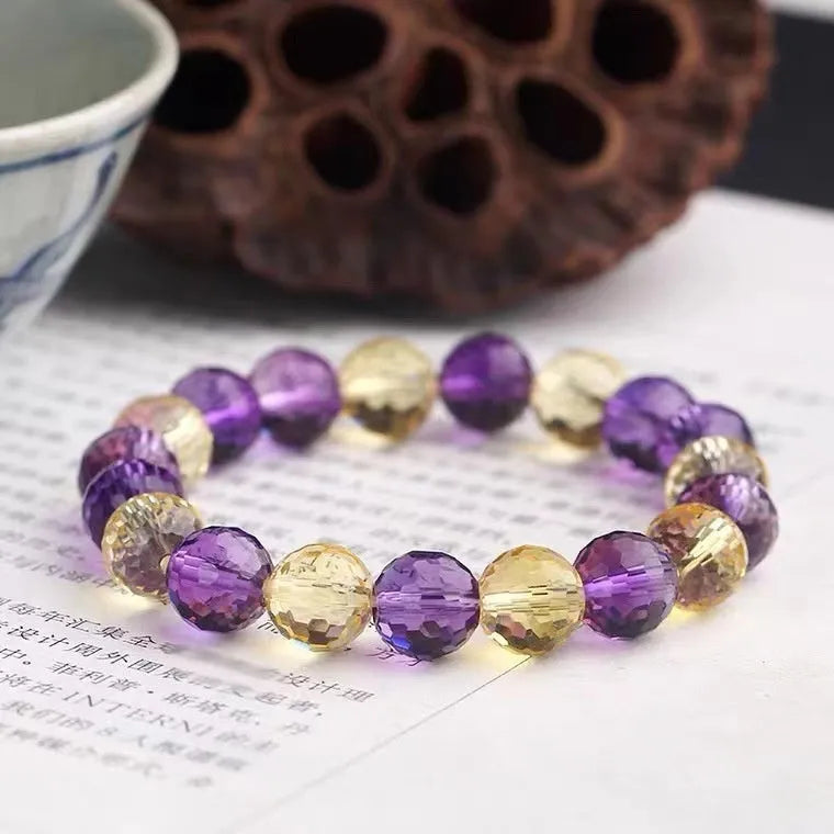 Ametrine crystal bracelet with 128-sided cut beads, shown with amethyst and citrine colour options.