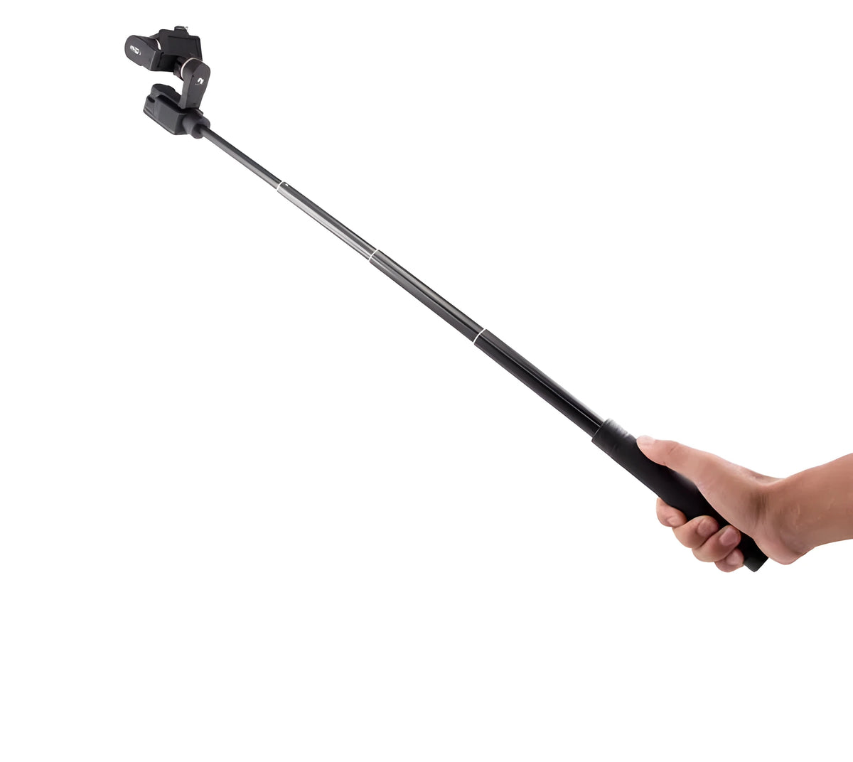 Black retractable aluminium selfie stick extended with smartphone attached and remote shutter in hand.