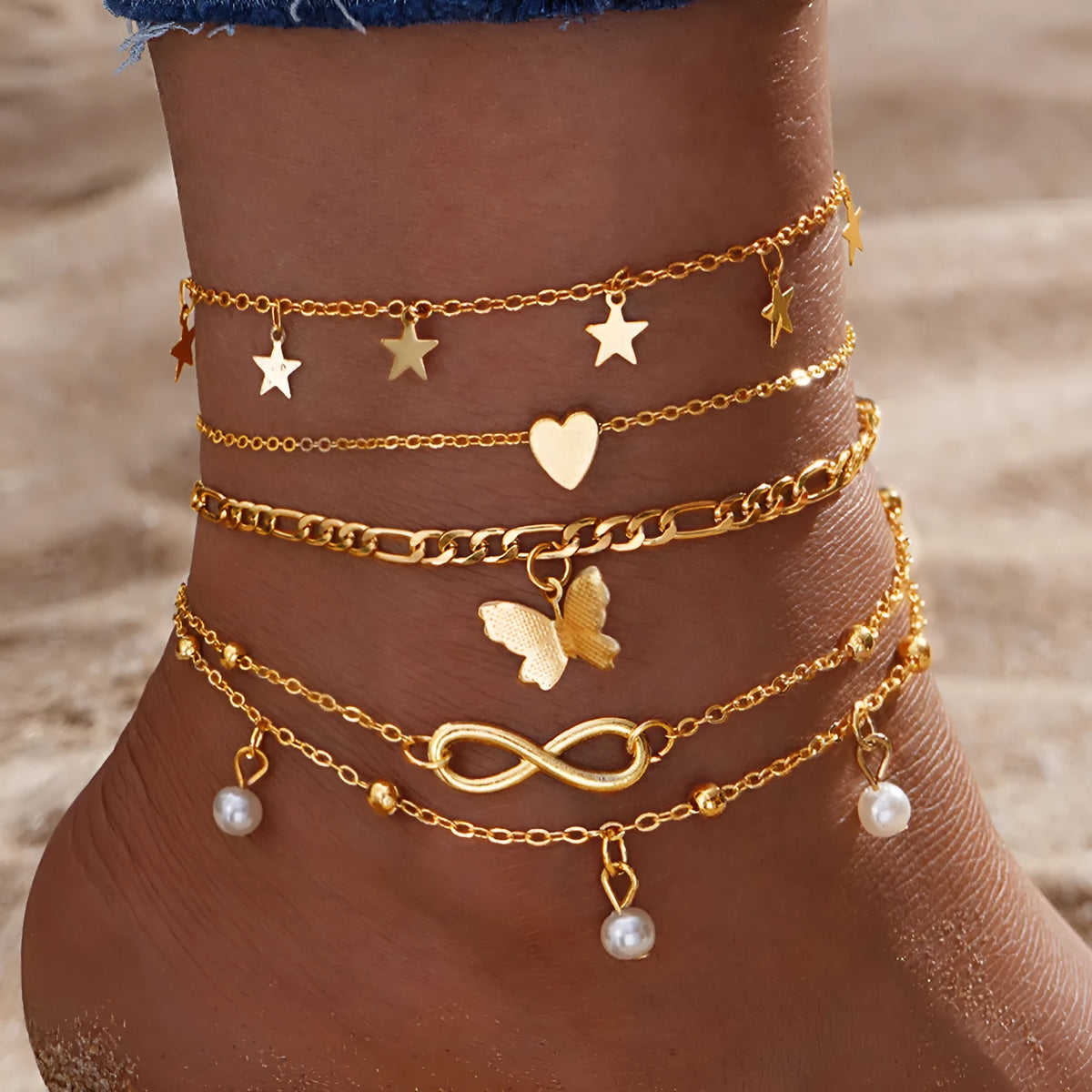 Butterfly pearl heart anklet 4-piece set women's alloy foot chain jewellery