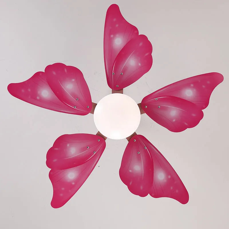 Ceiling fan chandelier with remote, 1.06m diameter, acrylic shade, wooden blades, blue or pink