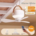 Small rechargeable camping fan with LED night light mounted in tent with remote control