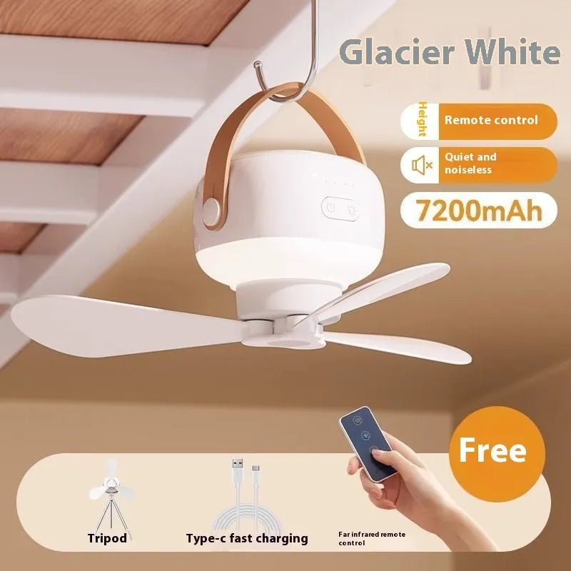 Small rechargeable camping fan with LED night light mounted in tent with remote control