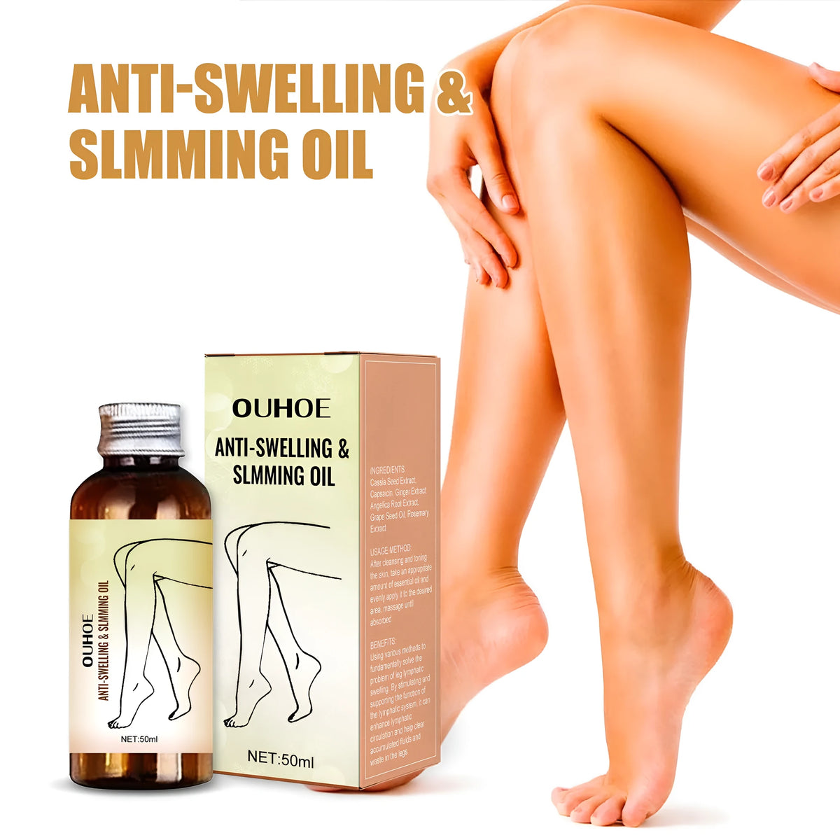 50ml bottle of moisturising essential oil for body skin care and leg massage
