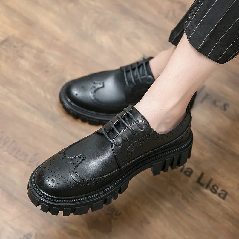 Men's black and brown formal brogue shoes with round toe and artificial PU upper.