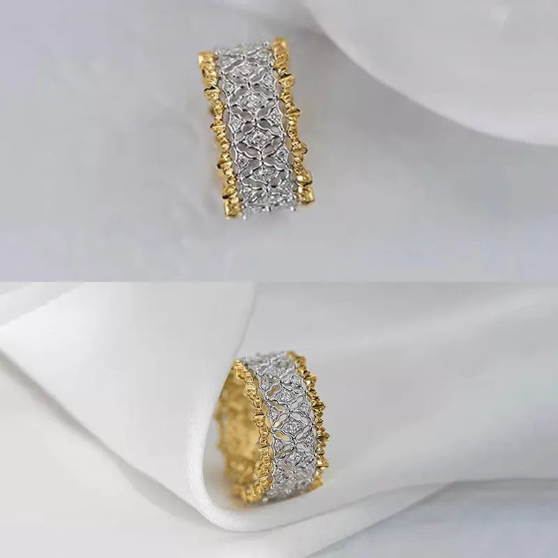 Gold two-tone geometric zircon ring with round elements on copper with electroplated finish