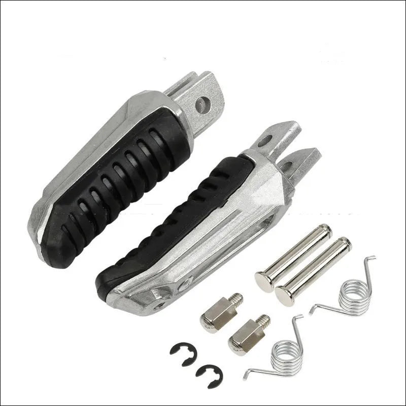 Black aluminium alloy motorcycle footpeg set for Suzuki Hayabusa, V-Strom, and other compatible models.