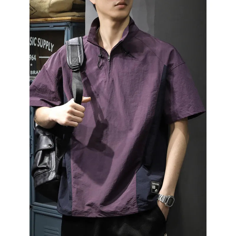 Men's brown half-zip stand collar shirt with short sleeves and loose fit