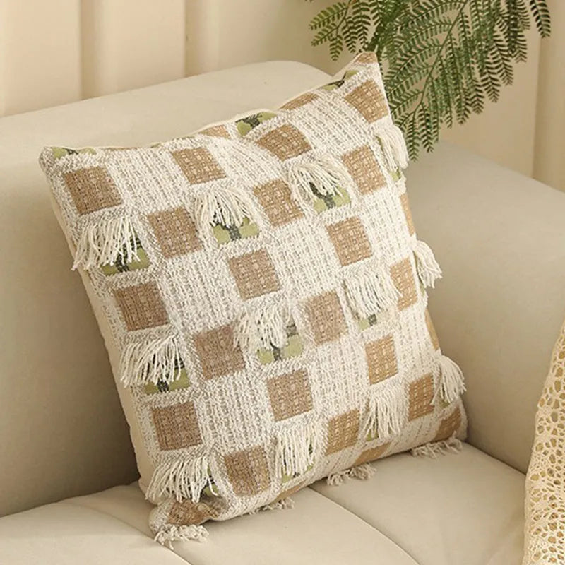Square Jacquard floral pillow cushion cover in a retro colour, 45cm by 45cm, on a sofa.