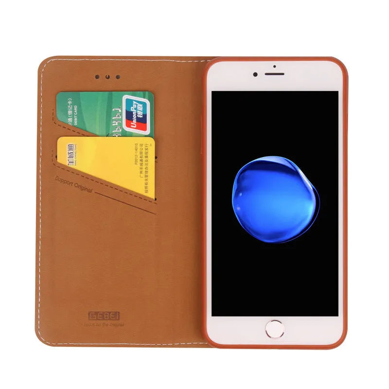 Black PU leather wallet phone case open showing card slot, next to an iPhone.