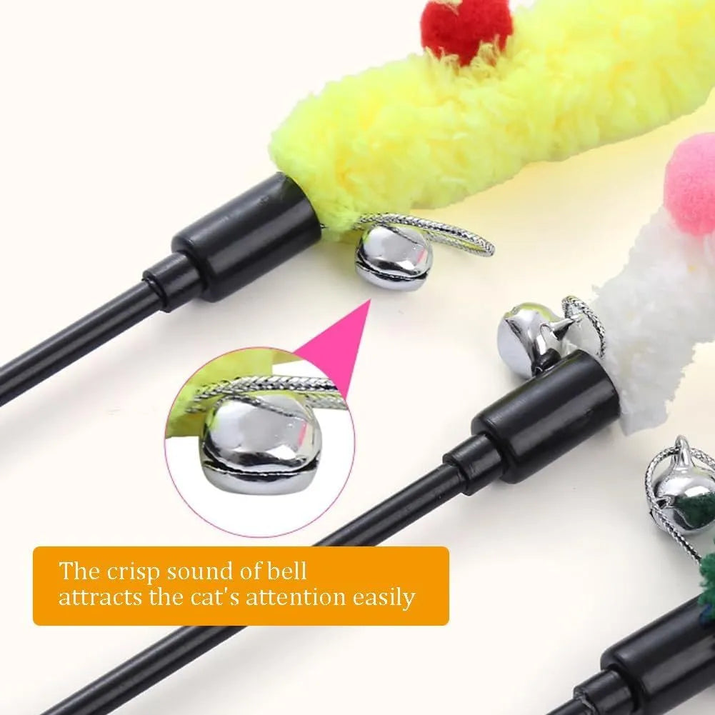 Colourful cat wand toy with plush strip and bell on 41cm pole for interactive play