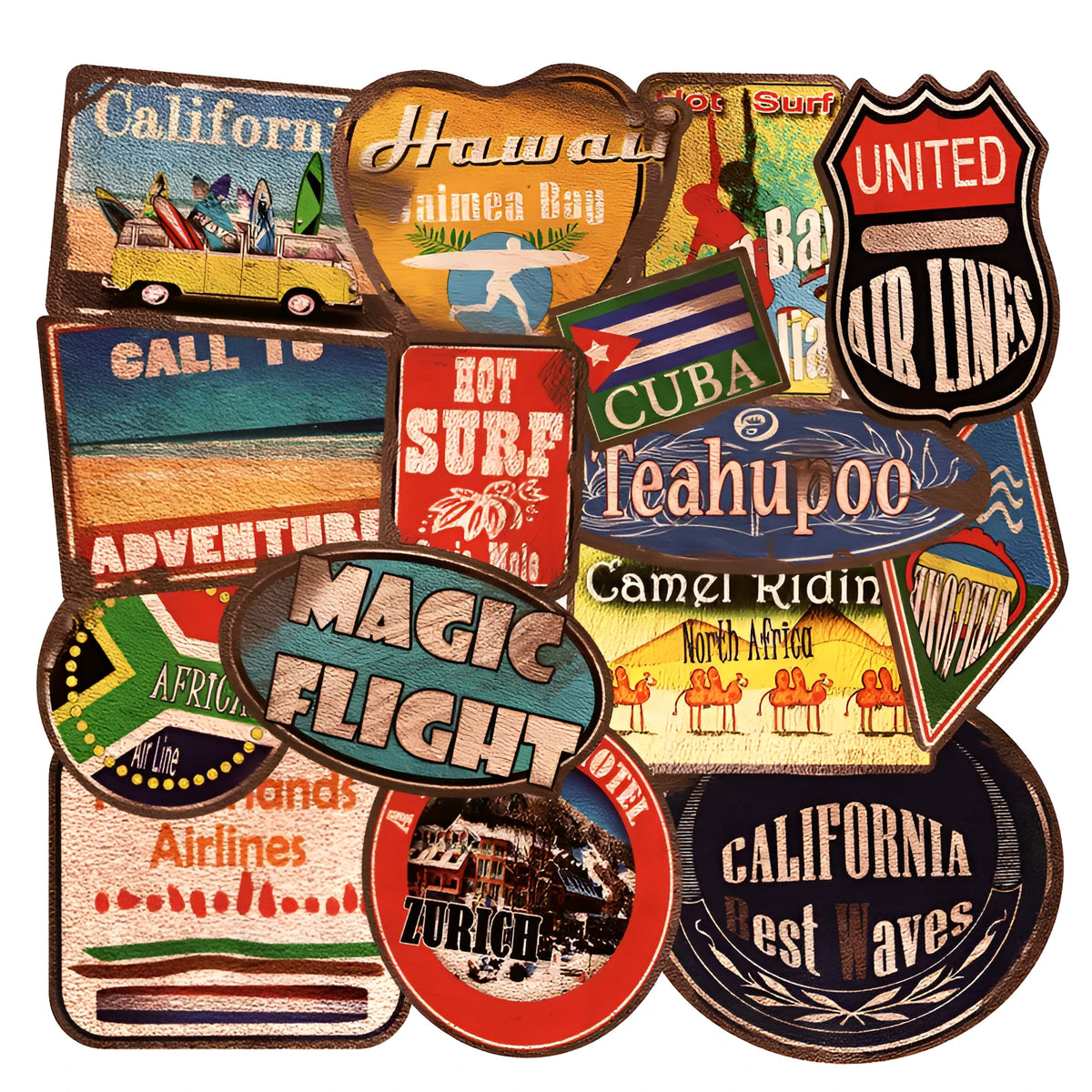 36 retro beach stickers with surfing and travel designs on PVC with matte film, sizes 6-10cm