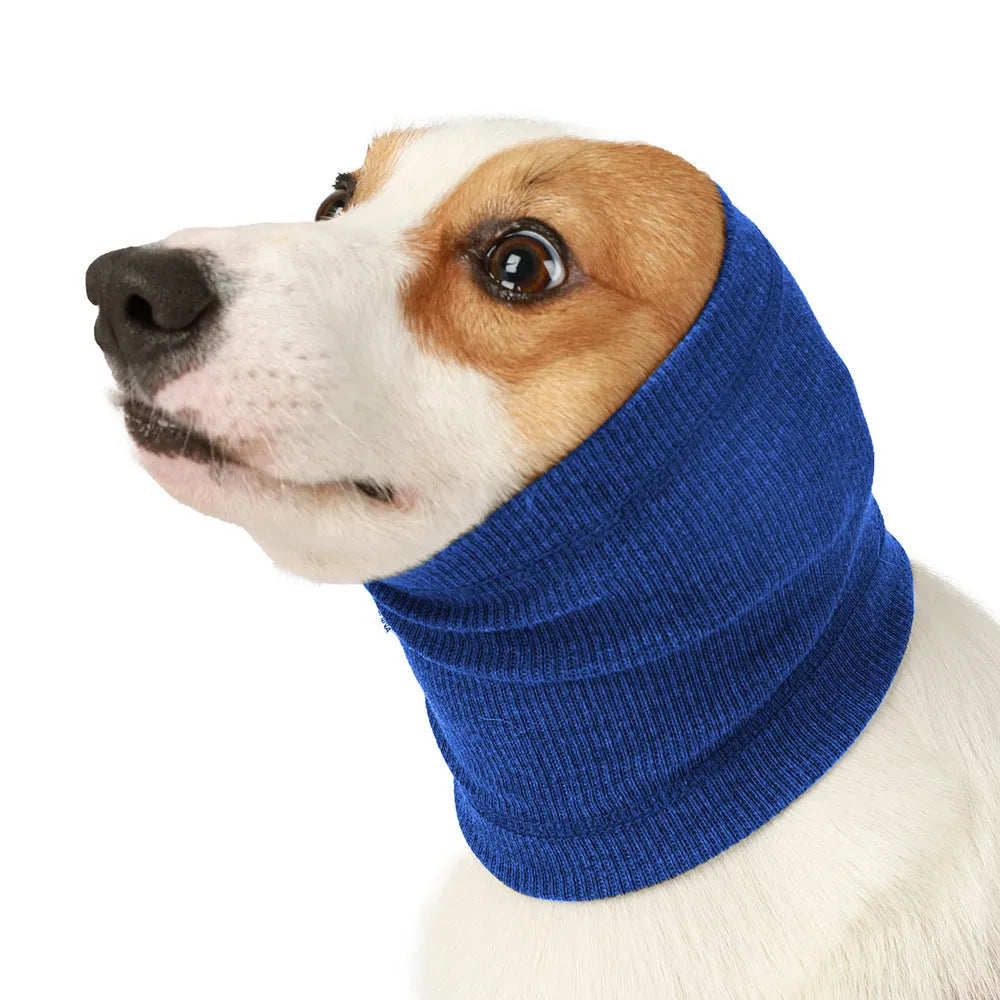 Blue and grey polyester dog headband scarf shown in S, M, L sizes