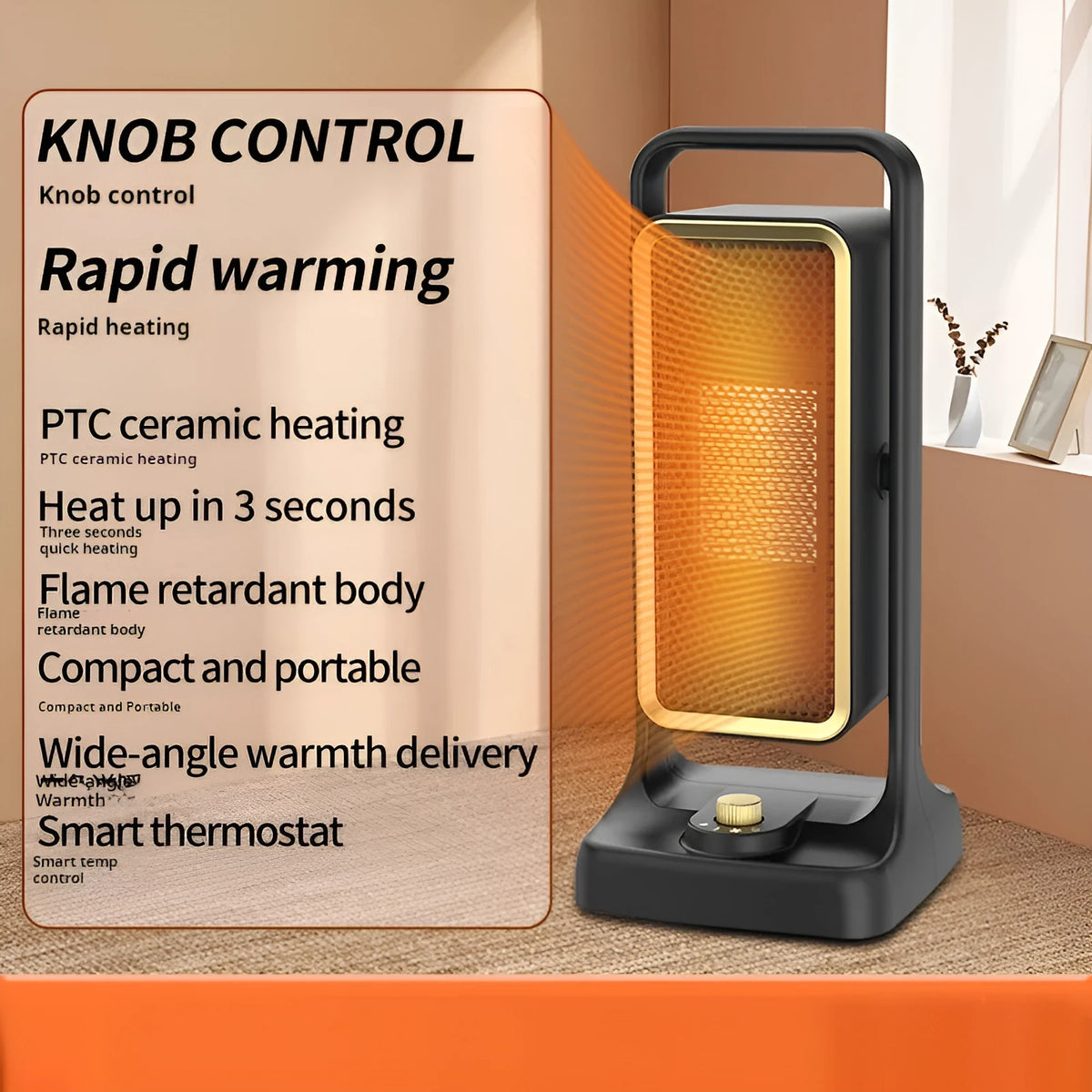 Black PTC ceramic desktop heater with knob control for UK power sockets