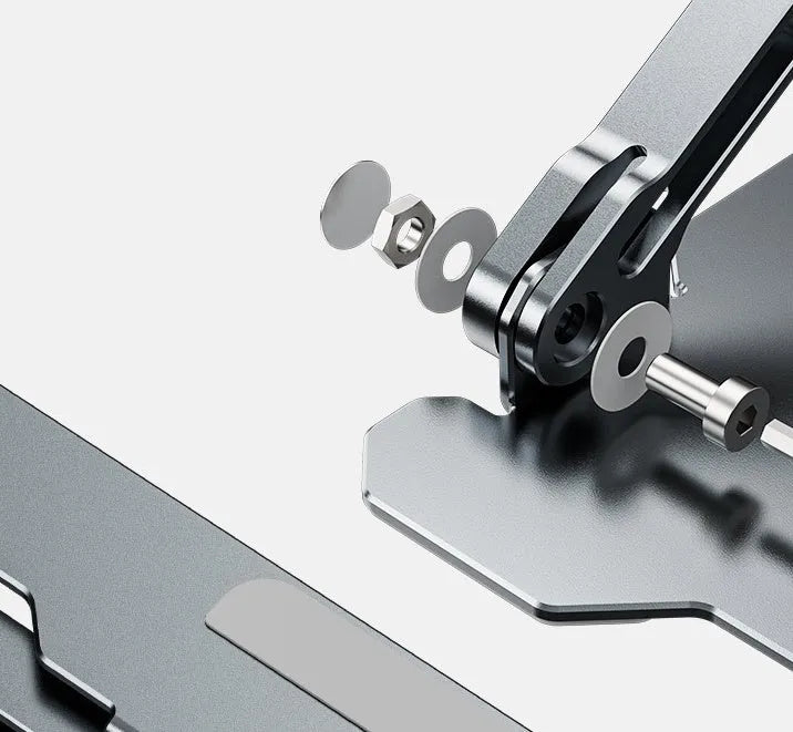 Grey adjustable aluminium laptop stand showing hollow construction and silicone protection pads