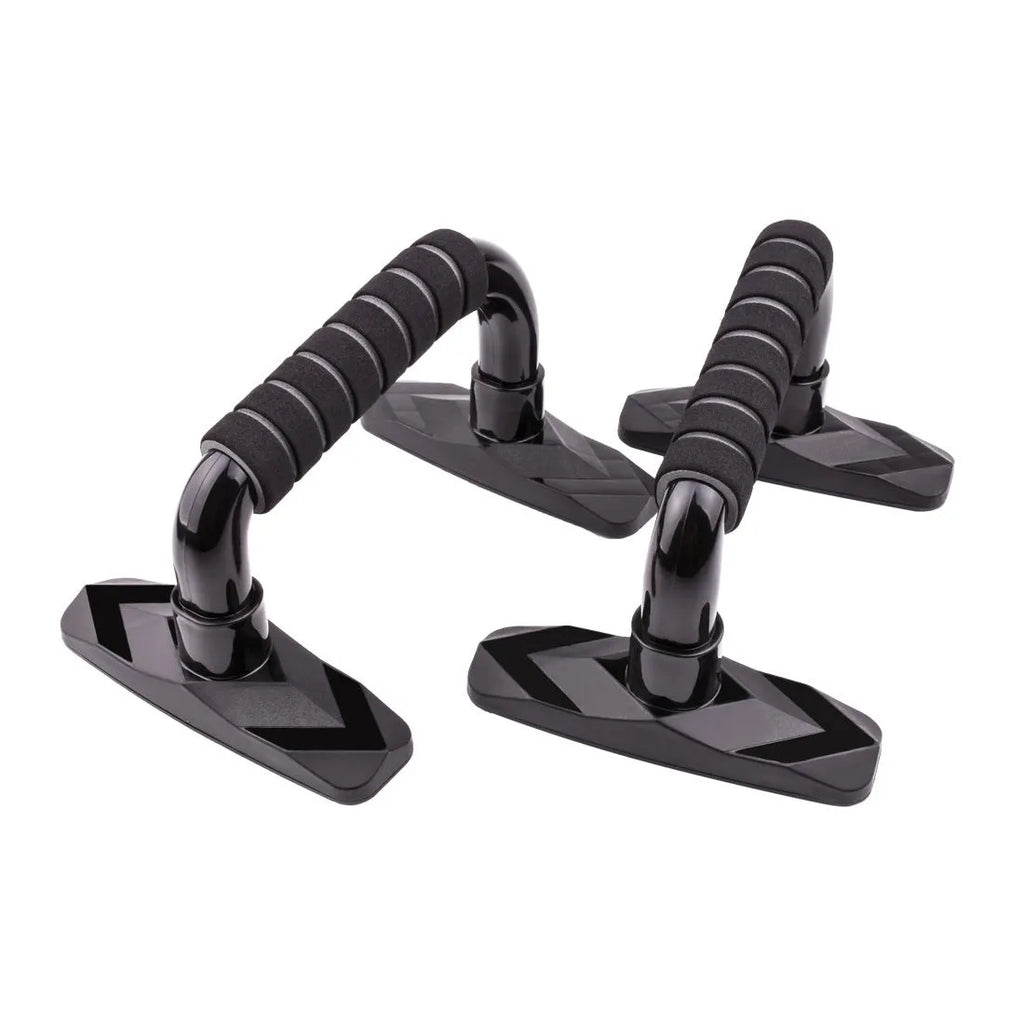 Pair of I-shaped black push up bars with PP sponge handles for home exercise.