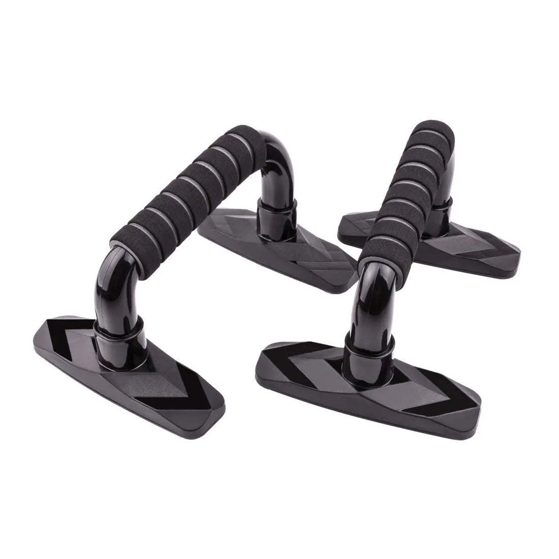 Pair of I-shaped black push up bars with PP sponge handles for home exercise.