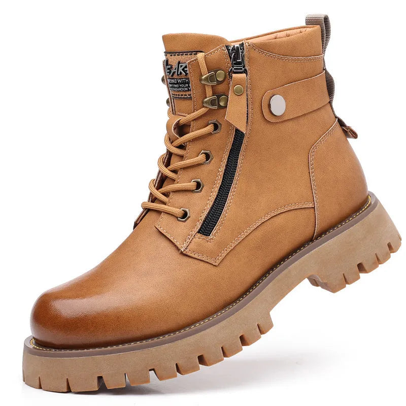 Men's brown leather high-top boots with side zipper and mid heel