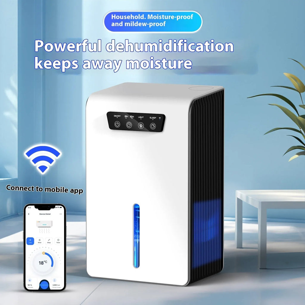 Milky white compact household dehumidifier for bedroom use with silent operation