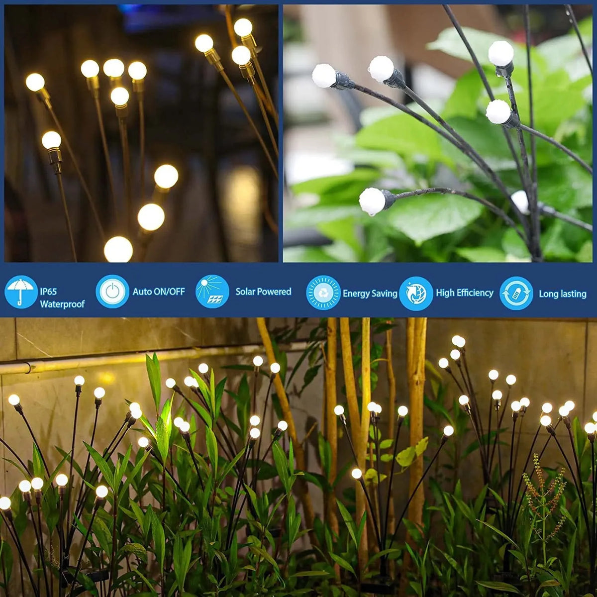 Solar-powered LED firefly lawn light with multiple heads and a stainless steel ground spike