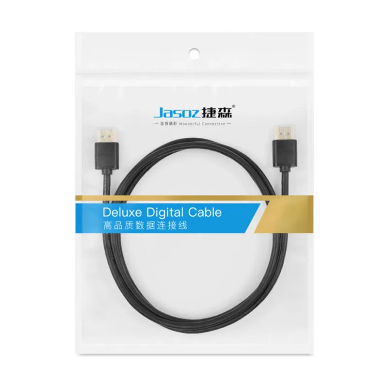 Flexible HDMI video cable with gold-plated connectors, shown in a hairline finish, suitable for computers and projectors.