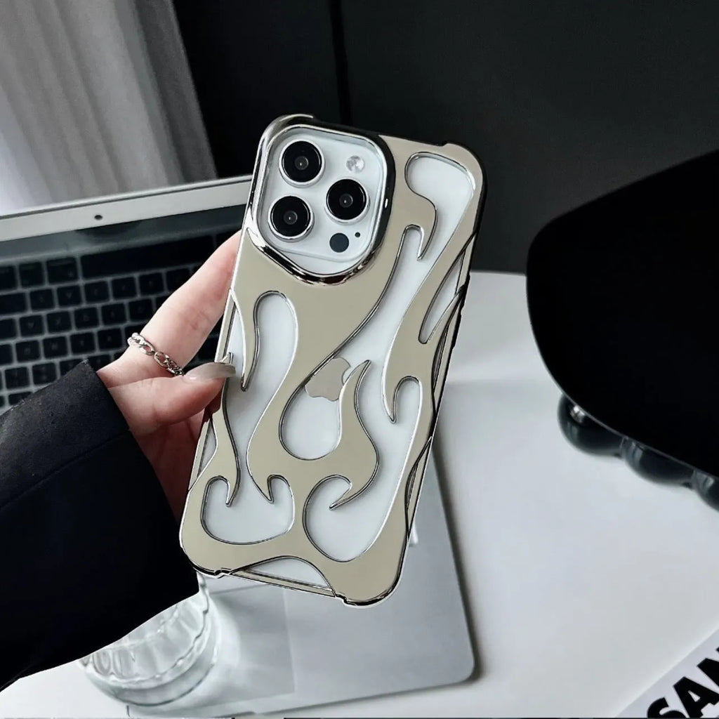 Electroplating hollow flame pattern iPhone case in metallic finish with TPU soft shell protection
