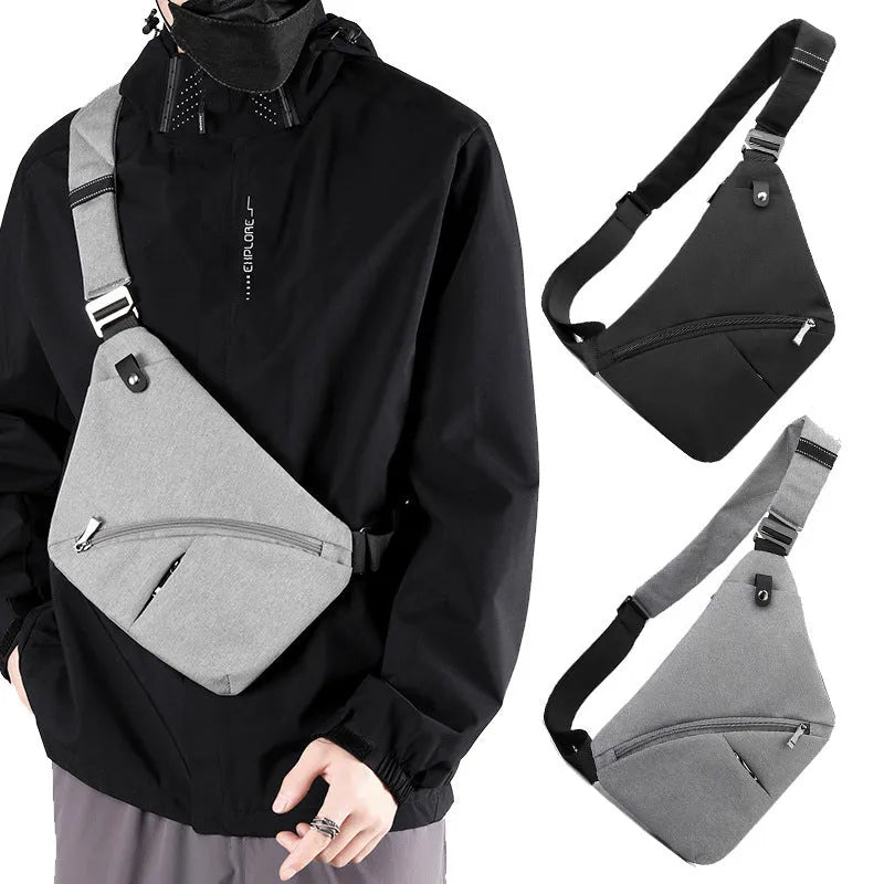 Men's oxford cloth chest bag in black or grey with left or right shoulder carrying options