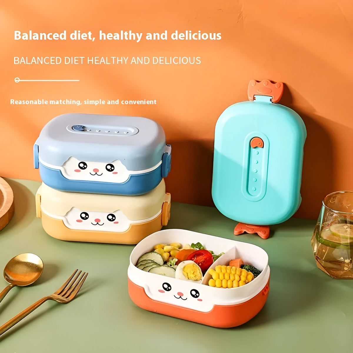 Square plastic divided lunch box in dark blue, pink and green, or orange yellow colours
