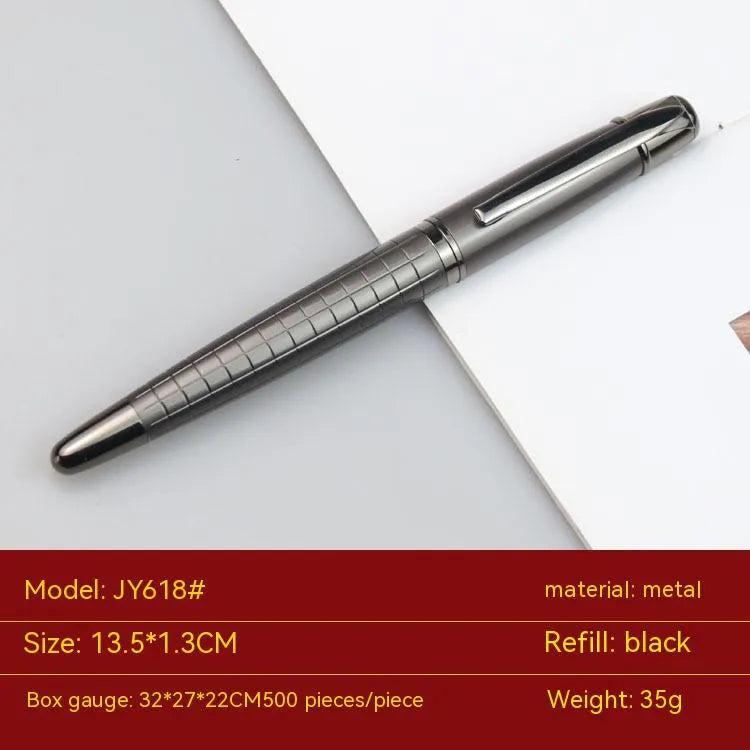 Grey metal roller pen with gun-shaped barrel on white background