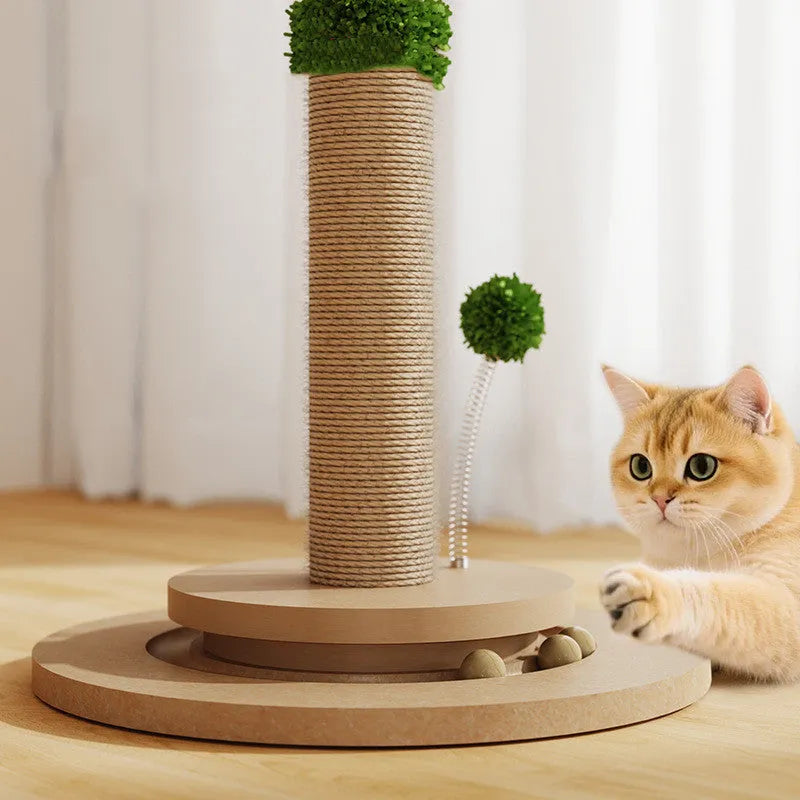 Vertical cat climbing frame with hemp rope posts and canna-coloured platforms.