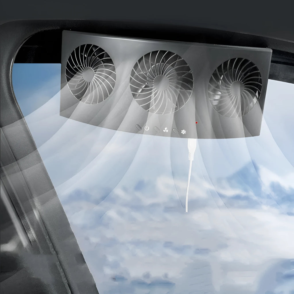 Black and white USB car ventilation fan for reducing exhaust odour and heat inside vehicles