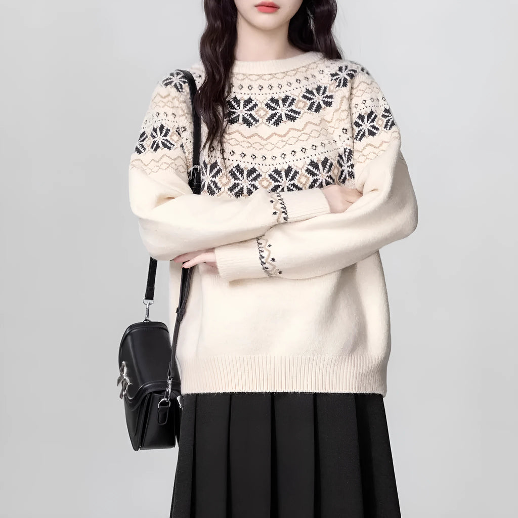 Women's milky white fair island geometric pattern pullover sweater