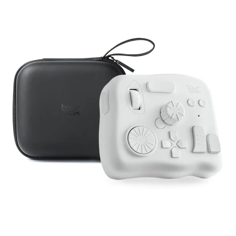 TourBox NEO USB digital editing controller and auxiliary keyboard with portable bag.
